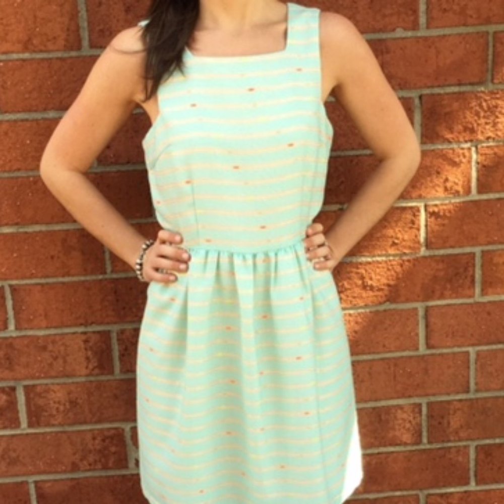JULIE BROWN NYC Size 8 Blue, Gold, Stripe Nubby Knit, Sleeveless, Cutout Dress